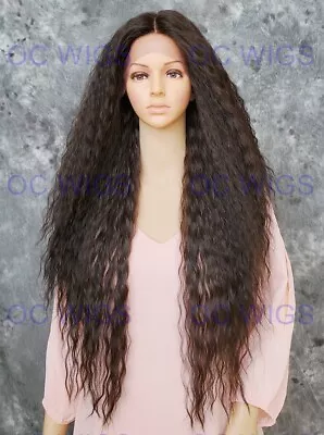 Extra Long Wavy Heat Safe Lace Front Human Hair Blend Wig Dark Brown EVFB 4 • $86.85