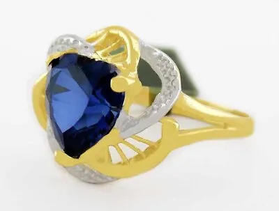 LAB CREATED 2.85 Cts BLUE SAPPHIRE & GENUINE DIAMOND RING 10K GOLD - NWT • $0.99