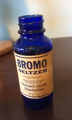 Vintage Cobalt Blue Bromo Seltzer Labelled Bottle • $14.99