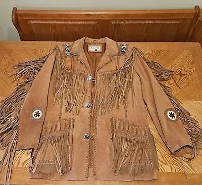 Scully Brown Leather Coat Jacket Fringe Beaded Western Native Unisex Size 42 • $224.99