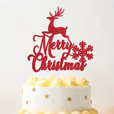 Merry Christmas Reindeer Glitter Cake Topper Xmas Celebration Party Cake Decor • £3.29