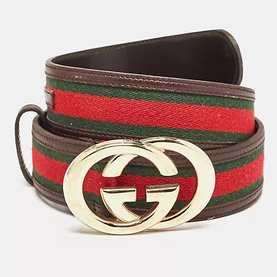 Gucci Choco Brown Leather And Fabric Web Interlocking G Buckle Belt 90CM • $265.65