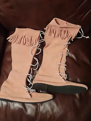 Minnetonka Pink Leather Suede Knee High Fringe VTG Boots Womens Size8 Moccasins • $60