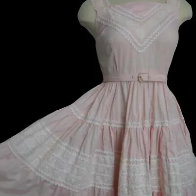 Vintage 1950's Pink Dress Full Skirt Cotton Mid Century Rockabilly Pinup Dress • $95