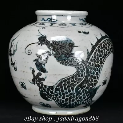 14.8  China Marked Old Black Blue White Porcelain Dragon Pattern Pot Jar Crock • $990