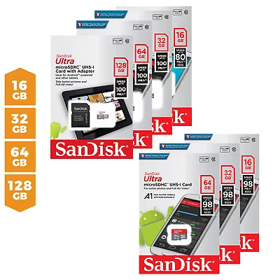 SanDisk MicroSD Card Memory 16GB 32GB 64GB 128GB Class 10 With Adapter - By Lot • $7.25