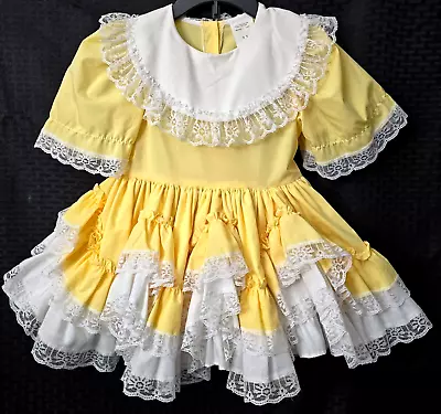 VTG Ruffle Circle Pageant Dress 3T Yellow White Square Dance Western Bib Collar • $34.99