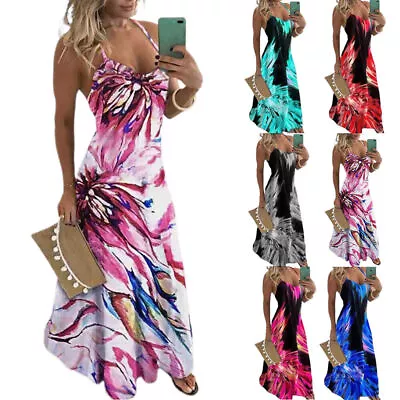 Women Summer Floral Long Dress Ladies Boho Beach Holiday Maxi Dresses Sundress • £9.35