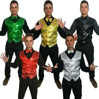 Ring Master Sequin Sparkle Waistcoat & Bow Tie Showbiz Mens Fancy Dress Costume • £12.49