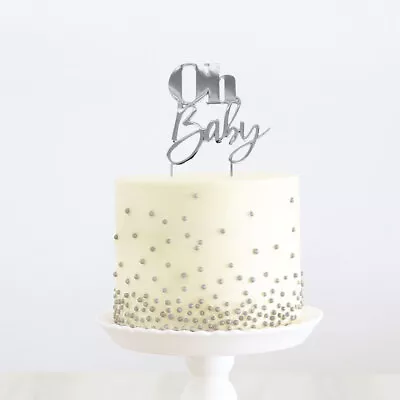 Cake & Candle Silver Metal Cake Topper Oh Baby Birthday Baby Shower Decor • $13.99