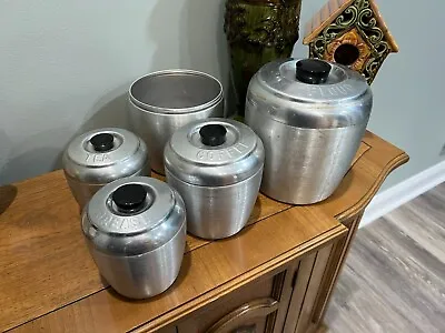 $12.99 • Buy Vintage 4 Piece Nesting Aluminum Canister Set And Grease Container Missing 1 Lid