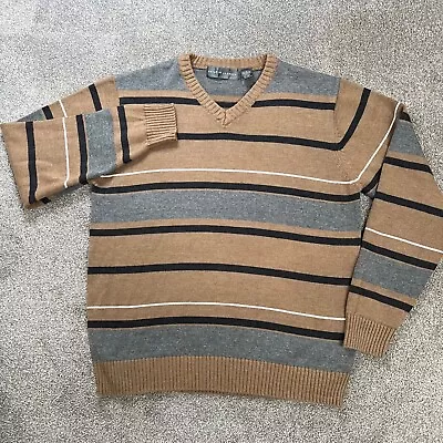 Oscar De La Renta V-Neck Sweater Mens Size Large Brown Stripe Long Sleeve • $21.97