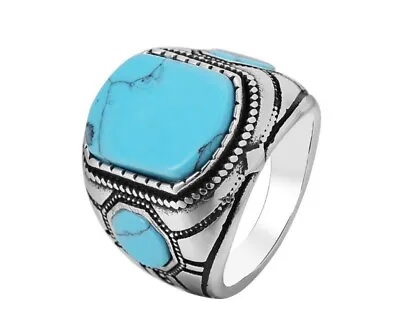 Men Blue Turquoise Square Stone Silver Titanium Stainless Steel Ring Men 8-12 • $13.99