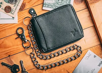 Zip Around Wallet For Men Biker Chain Wallet Bifold RFID Safe Leather YKK ZIP • $44.99