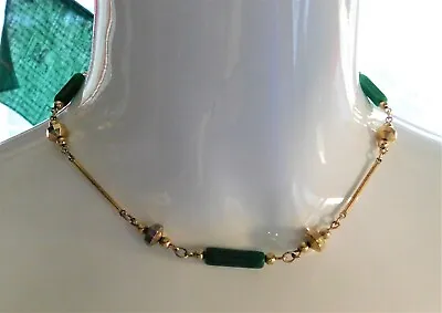 Jade Green And Goldtone Metal Vintage 1970's Choker Necklace • $12.99