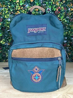 JANSPORT Leather Suede Canvas BACKPACK Green & Brown Aztec Tribal Design Vintage • $60