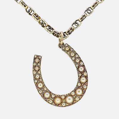 Edwardian Pearl Horseshoe Necklace - 15ct & 9ct Yellow Gold • £495
