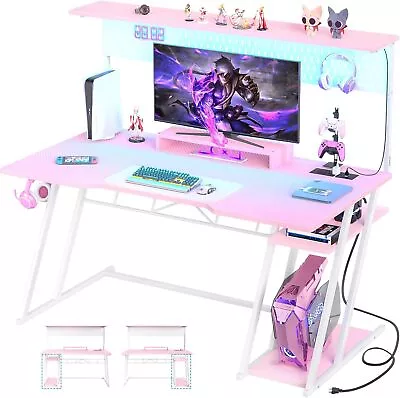 55'' Pink Gaming Desk With Hutch And LED Lights Gaming Computer Desk With Stora • $379.01