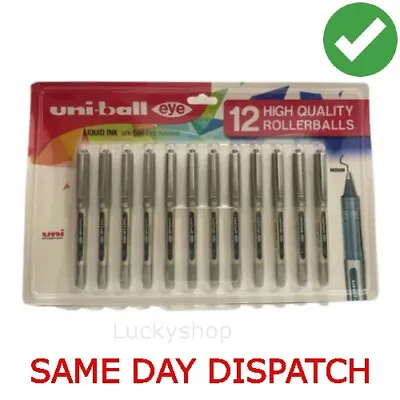 12 X UNIBALL EYE FINE UB 157 ROLLER BALL PEN 0.7mm BLACK Uni Ball Pens • £16.50