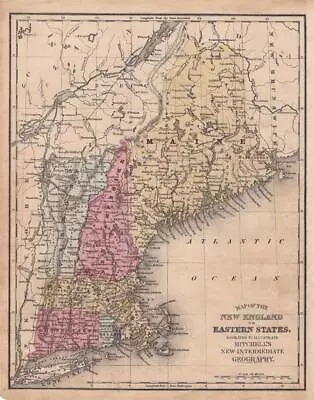 1874 Mitchell's New Geography Map-new England States-me Ma Ct Ri-hand Colored • $12
