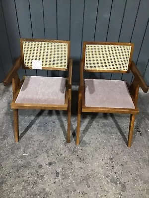 Dining Chairs Dark Oak Frame With Light Grey Linen Seat And Rattan Backrest 47cm • £140