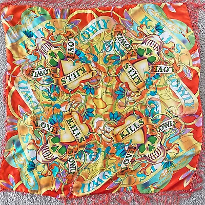 Ed Hardy Christian Audigier Love Kills Slowly Silk Scarf Skulls Fringe 40-in Sq. • $24.99