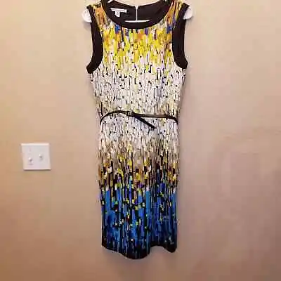 Maggy London Womens Sz 10 Knee Length Belted Career Dress Yellow Blue White • $18.40