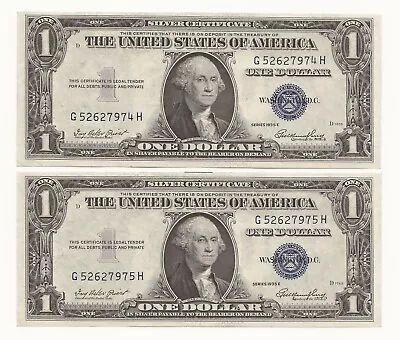 GEM CU 1935-E $1 Dollar Bill Silver Certificate Note 2 Consecutive 974H • $30.27