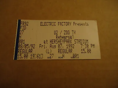 U2 / ZOO TV Rehearsal Concert Ticket Stub Hershey Park Stadium  PA 8 7 1992 • $24.99