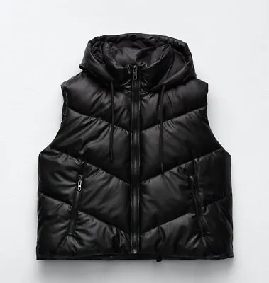 Zara Womens Faux Leather Black Gilet Oversized Puffer Vest Quilted Hooded Sz M • $69.99