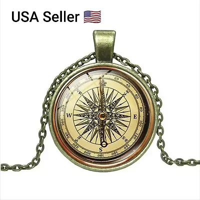 Old Fashion Vintage Compass Pendant Chain Necklace Antique Style Jewelry Bronze • $9.99