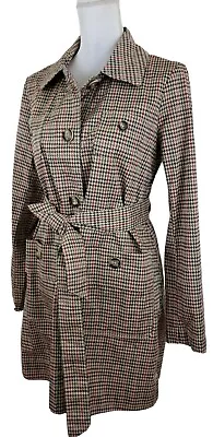 CABI ~Woman Size S~ Brown/Red Houndstooth Button-Up Trench Coat Belted Unlined. • $35.97