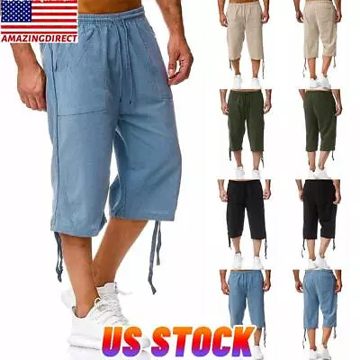 Men's Summer Cotton Linen Drawstring 3/4 Length Pants Casual Baggy Capri Shorts • $20.19