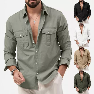 Men Soft Casual Solid Militar Tactical Shirts Cargo Shirt Long Sleeve Tops • £13.40