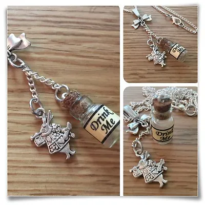 £2.99 • Buy Alice In Wonderland Mini Drink Me Bottle Bow & White Rabbit Necklace V2
