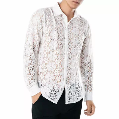 Men Mesh Collared Top Crochet Floral Lace Long Sleeve Shirt See-Through  • £22.64