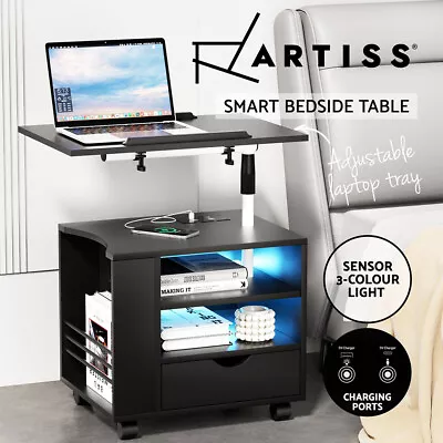 Artiss Bedside Tables Drawers Side Table RGB LED USB Charging Ports Black TALA • $136.95