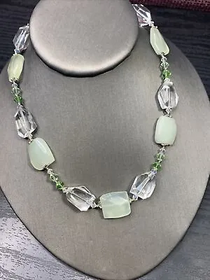 Vintage Silver Tone Peridot Green Glass Crystal 16”necklace Beaded Jade Stone • $27.20