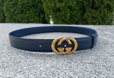 GUCCI ICONIC Navy Blue Leather Belt GG Buckle 77-82 Cm 30-32  Vintage Rare • $250