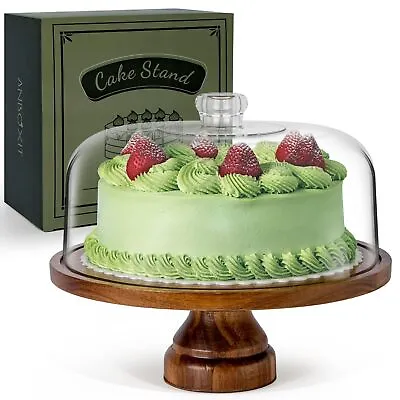 ANBOXIT Cake Stand With Dome Lid Acacia Wood Cake Plate With Cover Wooden Cake • £44.10