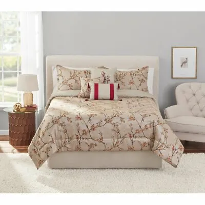 $49.50 • Buy 7-Piece Cherry Blossom Jacquard Comforter Set, Red And Tan - Queen