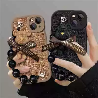 Cute Cartoon 3D Bear Wrist Chain Woolen Lattice Soft Case For IPhone 15 14 13 12 • $22.35