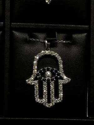 14k White Gold Genuine Diamonds Hamsa Hand Of God Design Halo Necklace Gift • £1840.63