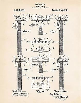 1915 Bathroom Barber Poster Barbershop Gillette Razor Patent Print Wall Decor • $16.78