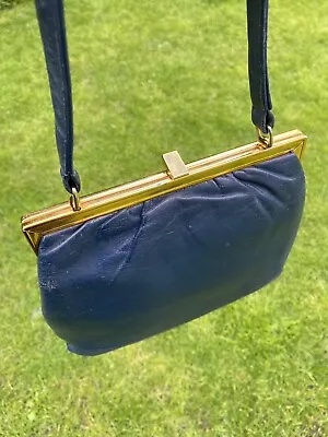 VINTAGE MACLAREN Of NORWICH LEATHER HANDBAG NAVY BLUE BAG BRASS FITTINGS RETRO • £22.99