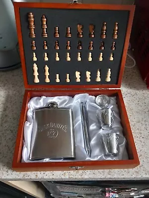 Jack Daniel's 6oz Hip Flask With 2 St/ Steel Cups And Funnel Set In Chess Board. • £34.63