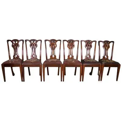 Antique Set Of 6 Carved Mahogany Dining Chairs #21911 • $1250