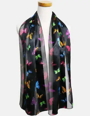 Black Striped 60X13 Long Polyester Multi Colored Butterfly Scarf • $12.99