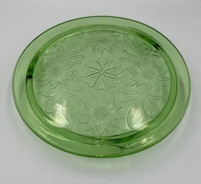 $25 • Buy Vintage Jeannette Uranium Green Glass Footed Cake Plate, Sunflower Theme