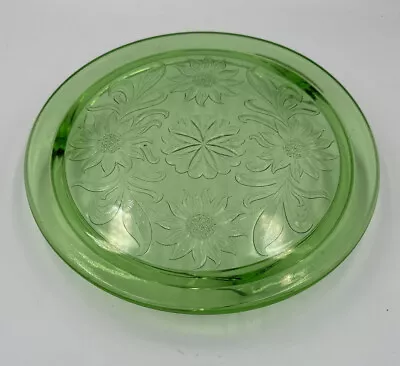 $25 • Buy Vintage Jeannette Uranium Green Glass Footed Cake Plate, Sunflower Theme